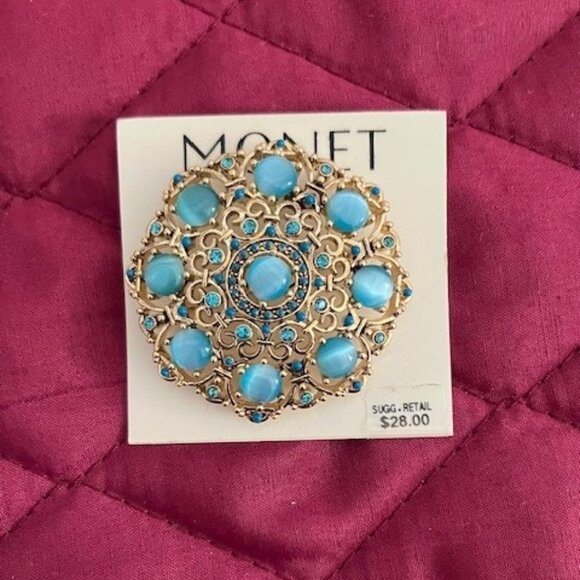 Monet Gold and Aqua Blue Pin/Brooche - Picture 1 of 2